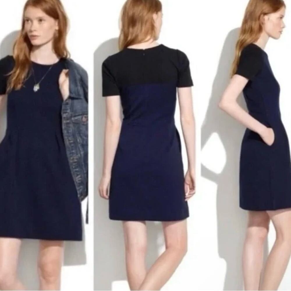 Madewell Gallerist Ponte Dress Knit Blue Black Colorblock Short Sleeve Ribbed‎ 4